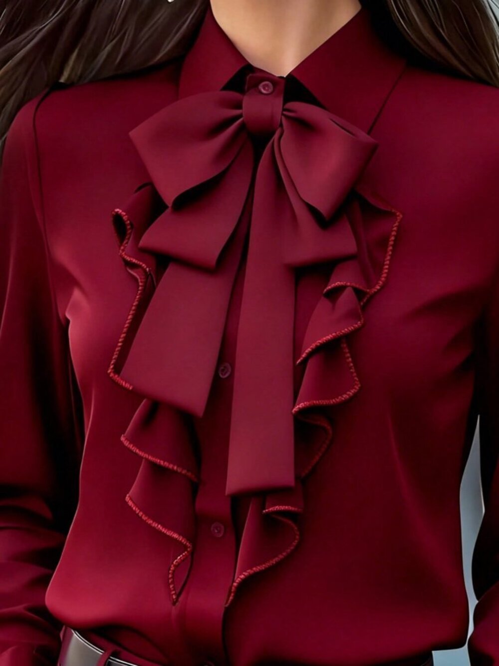 Burgundy Elegant Women's Long Sleeve Blouse with Tie Collar, Ruffle-Bow - Picture 3 of 5